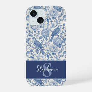 Blue Toile French Monogram Name Floral Pattern iPhone 15 Case