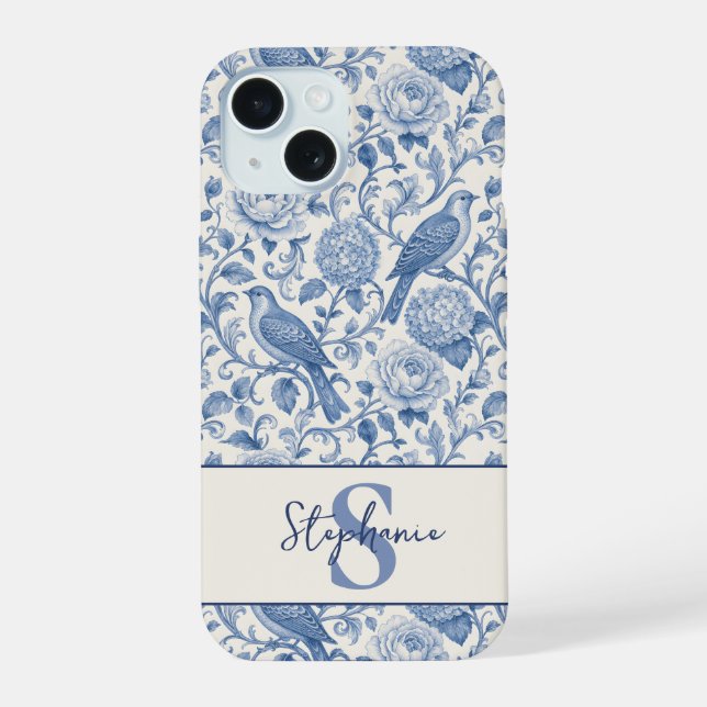 Blue Toile French Monogram Name Floral Pattern iPhone 15 Case (Back)