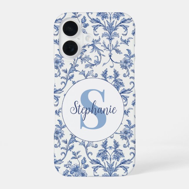 Blue Toile French Monogram Name Floral Pattern iPhone 16 Case (Back)