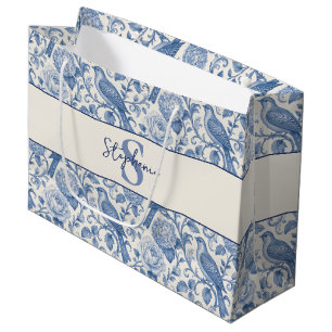 Blue Toile French Monogram Name Floral Pattern Large Gift Bag