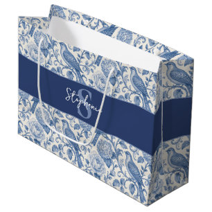 Blue Toile French Monogram Name Floral Pattern Large Gift Bag