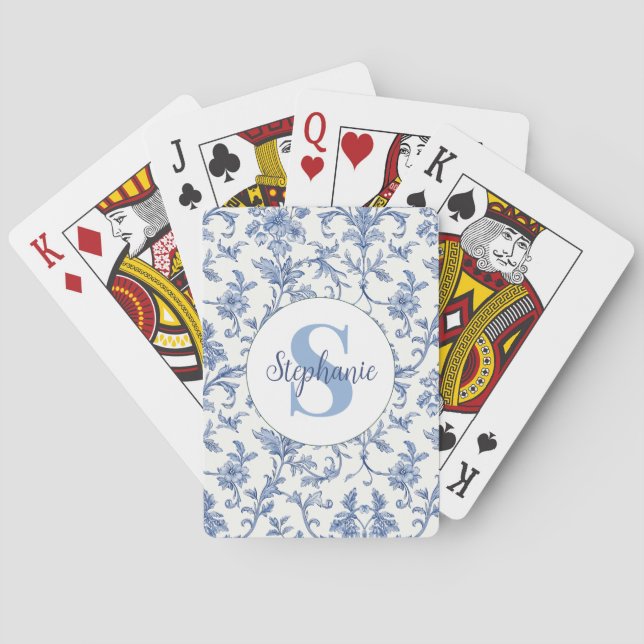 Blue Toile French Monogram Name Floral Pattern Playing Cards (Back)