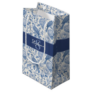 Blue Toile French Monogram Name Floral Pattern Small Gift Bag