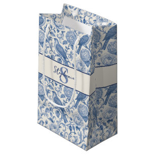Blue Toile French Monogram Name Floral Pattern Small Gift Bag