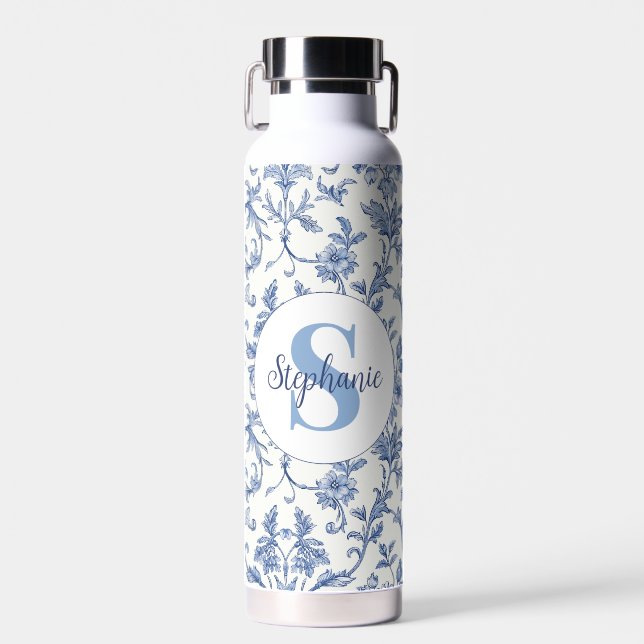 Blue Toile French Monogram Name Floral Pattern Water Bottle (Front)