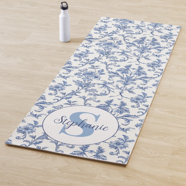 Blue Toile French Monogram Name Floral Pattern Yoga Mat (In Situ)
