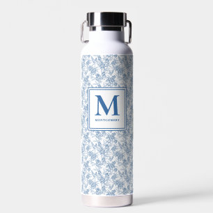 Blue Toile French Monogram Name Water Bottle
