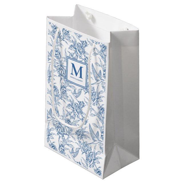 Blue Toile French Monogram Small Gift Bag (Front Angled)