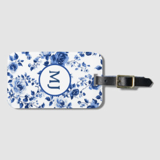 Blue Toile Initial Luggage Tag