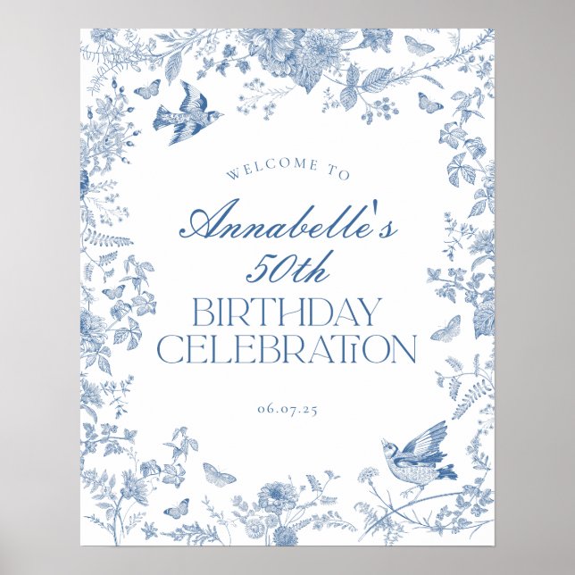 Blue Toile Jouy Floral Birthday Party Welcome Sign (Front)