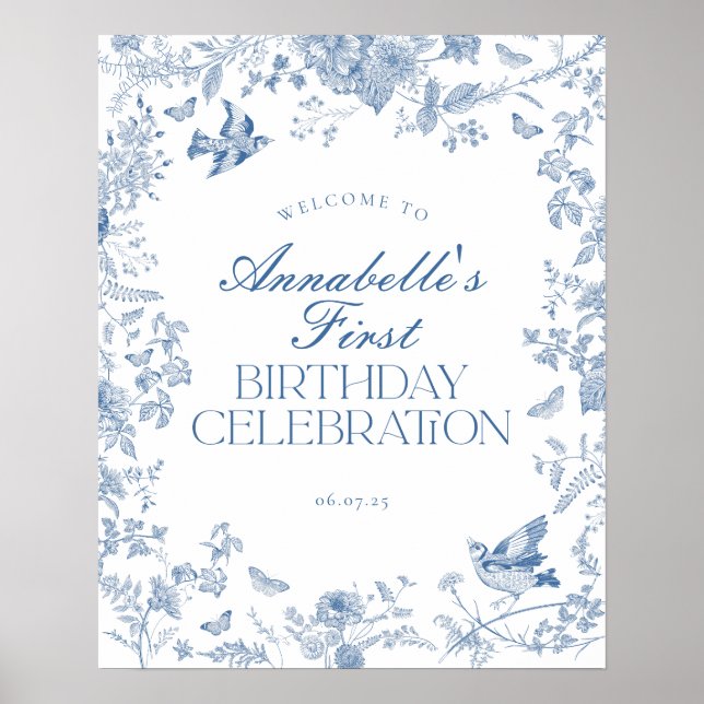 Blue Toile Jouy Floral Birthday Party Welcome Sign (Front)