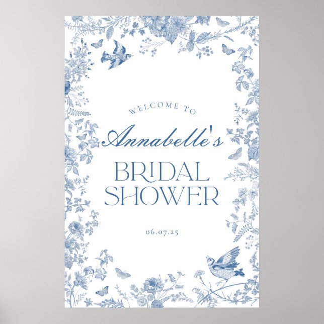 Blue Toile Jouy Floral Bridal Shower Welcome Sign (Front)