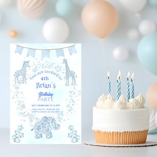  Blue Toile Jungle Animals Kids Birthday Invitation