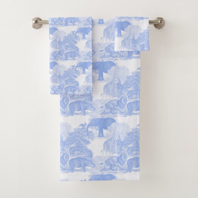 Blue Toile Jungle Animals Safari Chinoiserie Boy Bath Towel Set (Insitu)