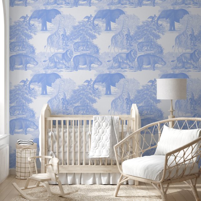 Blue Toile Jungle Animals Safari Chinoiserie Boy Wallpaper (Kids)