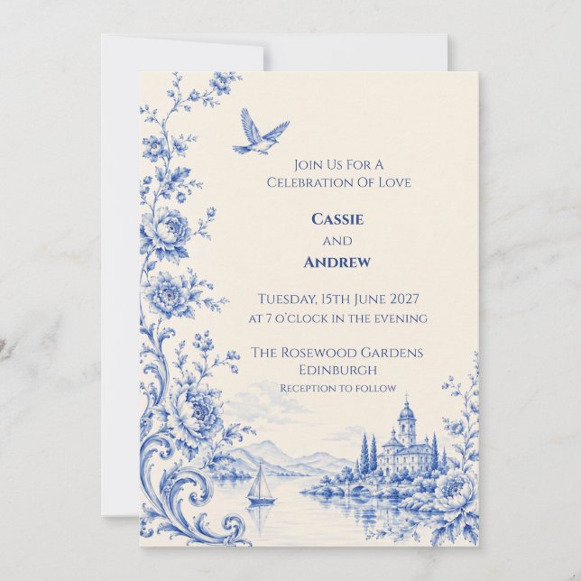 Blue Toile Lakeside Chateau Wedding Invitation (Front)