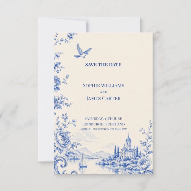 Blue Toile Lakeside Chateau Wedding Save The Date (Front)