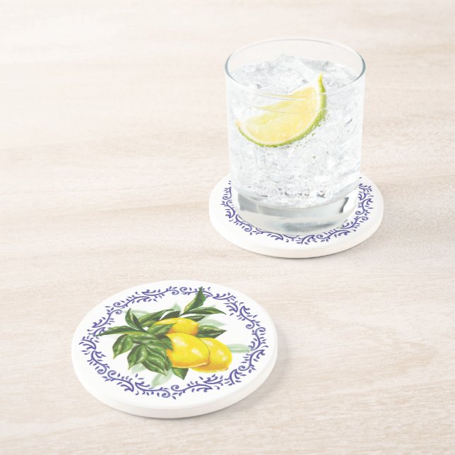 Blue Toile Lemon French Country Bridal Shower Coaster (Side)