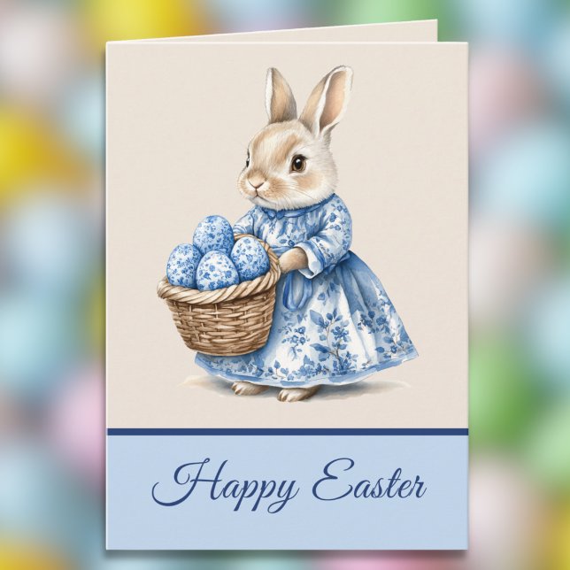 Blue Toile Mother Rabbit n Basket of Easter Eggs   Card (Creator Uploaded)