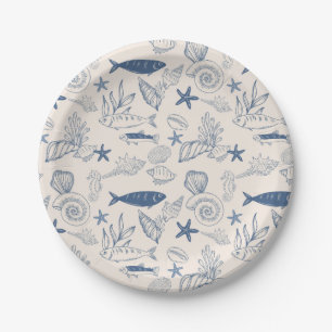 Blue toile Ocean Paper Plate