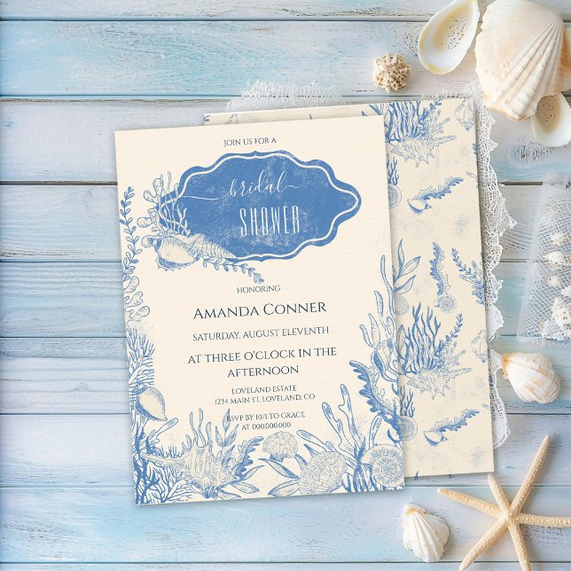 Blue toile ocean themed Bridal Shower Invitation (Creator Uploaded)