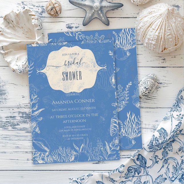 Blue toile ocean themed Bridal Shower Invitation (Creator Uploaded)