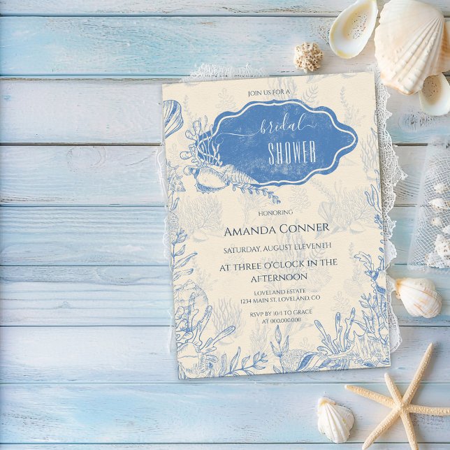 Blue toile ocean themed Bridal Shower Invitation (Creator Uploaded)