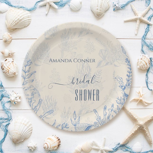 Blue toile ocean themed Bridal Shower Paper Plate (Creator Uploaded)