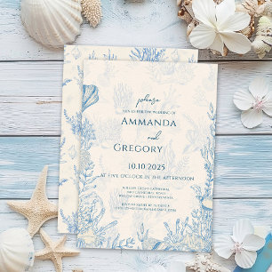Blue Toile Ocean themed Wedding Invitation