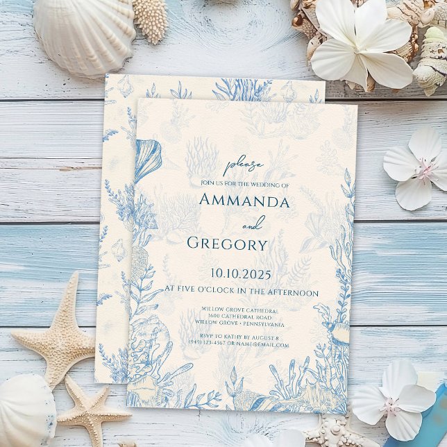 Blue Toile Ocean themed Wedding Invitation (Creator Uploaded)