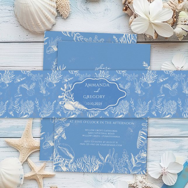 Blue Toile Ocean themed Wedding Invitation Belly Band (Creator Uploaded)