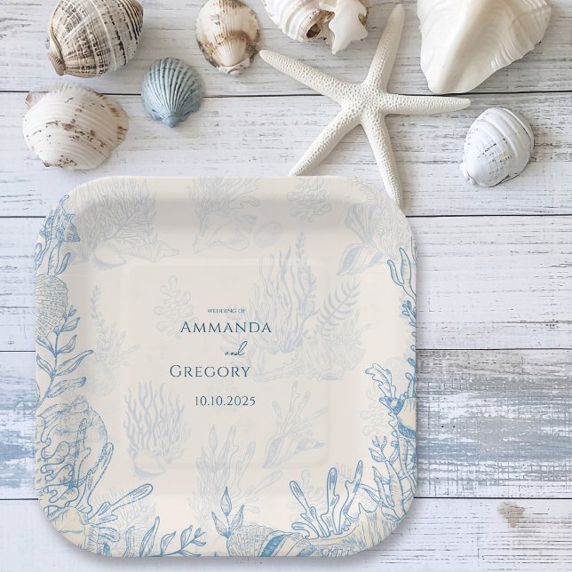 Blue Toile Ocean themed Wedding Paper Plate (Creator Uploaded)