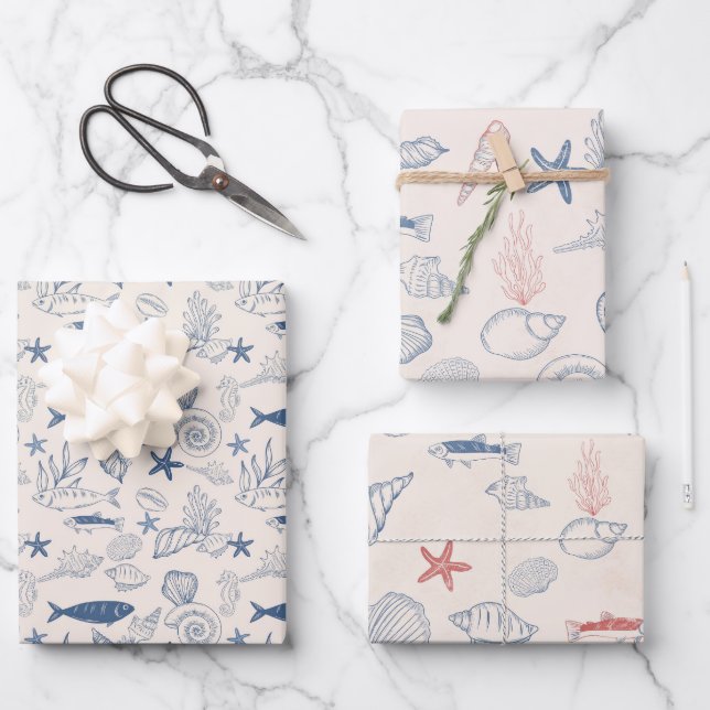 Blue toile Ocean Wrapping Paper Sheet Set of 3 (Front)