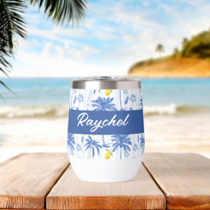 Blue Toile Palm Trees Lemons Monogram Name