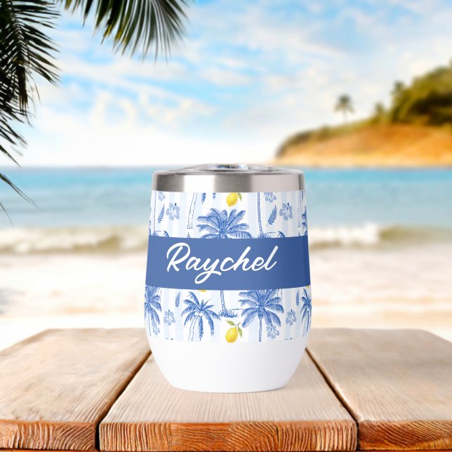 Blue Toile Palm Trees Lemons Monogram Name (Beach (Rotated))