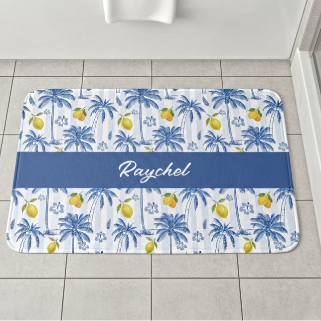 Blue Toile Palm Trees Lemons Monogram Name Bath Mat (Creator Uploaded)