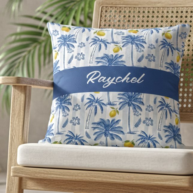 Blue Toile Palm Trees Lemons Monogram Name Cushion (Creator Uploaded)