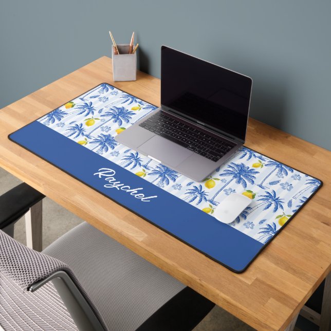 Blue Toile Palm Trees Lemons Monogram Name Desk Mat (Office 2)