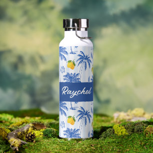 Blue Toile Palm Trees Lemons Monogram Name Water Bottle