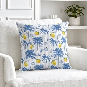 Blue Toile Palm Trees Lemons Pattern Cushion