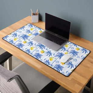 Blue Toile Palm Trees Lemons Pattern Desk Mat