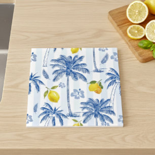 Blue Toile Palm Trees Lemons Pattern Tile