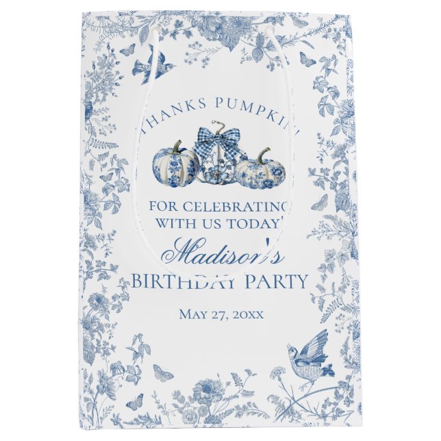 Blue Toile Pumpkin French Fall Birthday Favours Medium Gift Bag (Front)