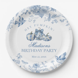 Blue Toile Pumpkin French Fall Floral Birthday Paper Plate
