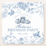Blue Toile Pumpkin French Fall Floral Birthday Square Paper Coaster<br><div class="desc">Elevate your autumn celebrations with our Fall Toile theme party decor, featuring detailed floral blue toile on a warm white background and fresh pumpkins adorned with blue floral Chinoiserie prints. This French-inspired design captures the crisp and fresh essence of fall. The intricate toile de Jouy pattern adds a touch of...</div>