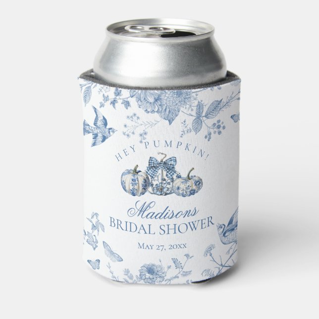 Blue Toile Pumpkin French Fall Floral Bridal Showe Can Cooler (Can Back)