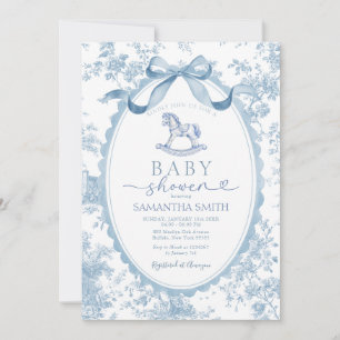 Blue Toile Rocking Horse Baby Shower Invitation