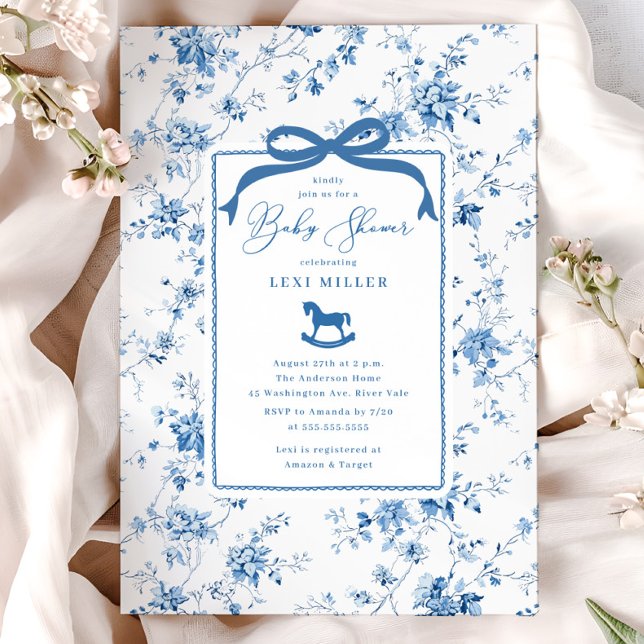 Blue Toile Rocking Horse Baby Shower Invitation (Creator Uploaded)