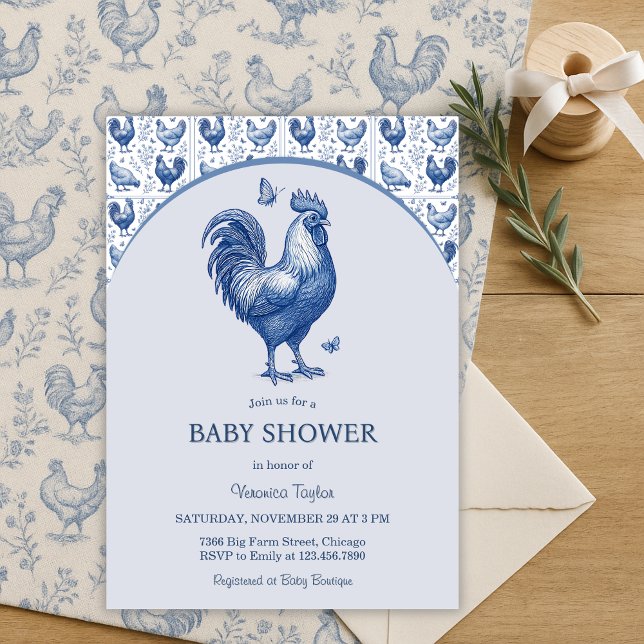 Blue Toile Rooster French Country Baby Shower Invitation (Blue Toile Rooster Baby Shower French Country Farmhouse Chic (Gender-Neutral))