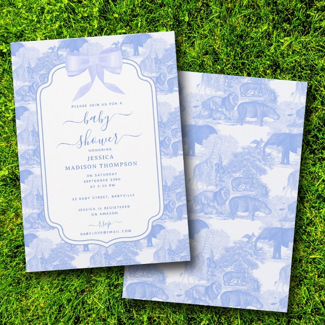 Blue Toile Safari Animals Chinoiserie Baby Shower Invitation (Blue Toile Safari Animals Chinoiserie Baby Shower Invitation)